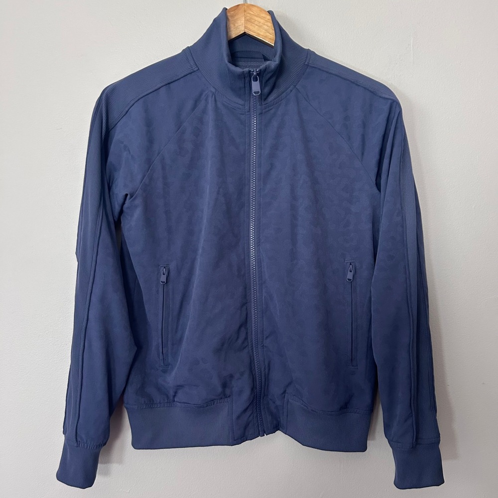 Athleta Track Jacket Womens XS Blue Tonal Leopard Print Full Zip Running Workout